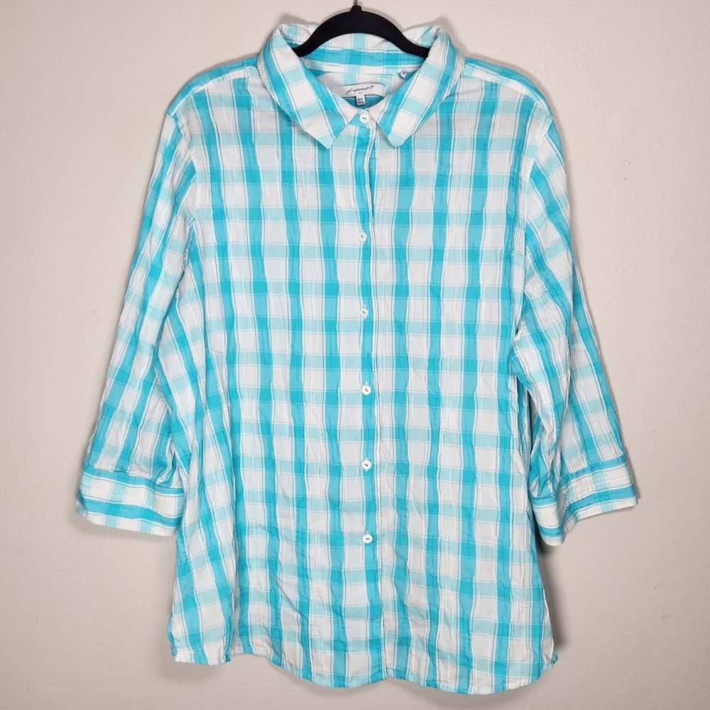 Foxcroft Womens 18W Blue White Plaid‎ Crinkle Shaped Button Front Top Office